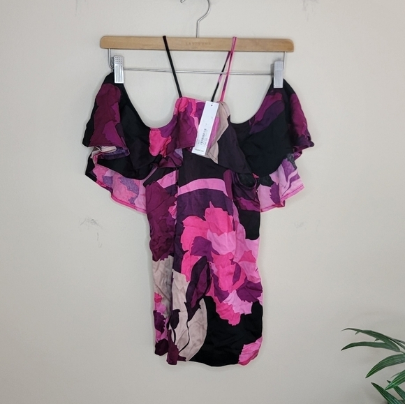 NWT Trina Turk | Pink Purple Black Print Cold Shoulder Floral Blouse Size XS - Picture 2 of 7